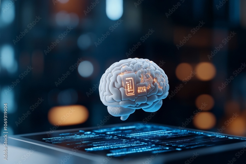 Poster a digital brain holographically floats above a tablet displaying glowing data, symbolizing advanced 