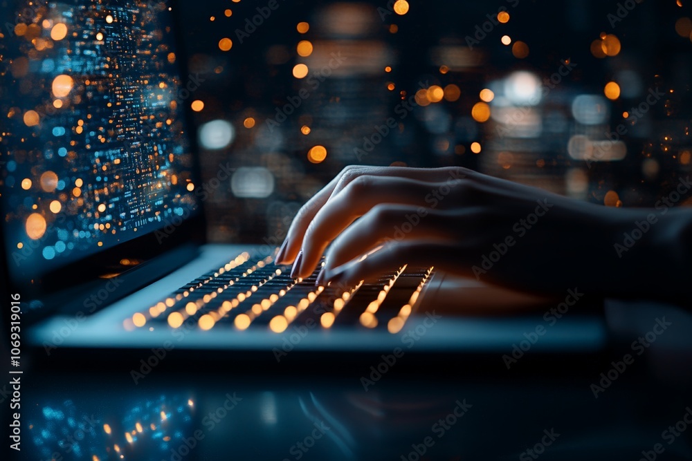 Poster fingers on a keyboard as digital lights create a futuristic ambiance, depicting modern technology us