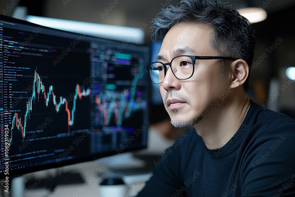 Poster an individual wearing glasses intently studies graphs on a computer screen filled with data, suggest
