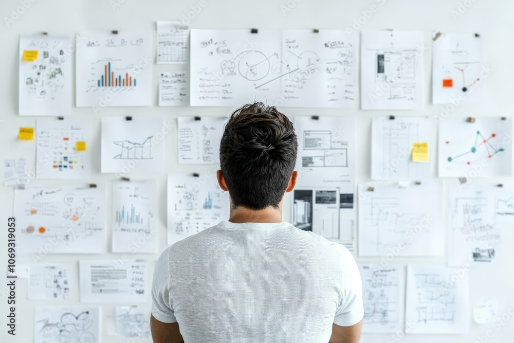 Poster a man examines a wall full of various charts and handwritten diagrams, thoughtfully analyzing data a