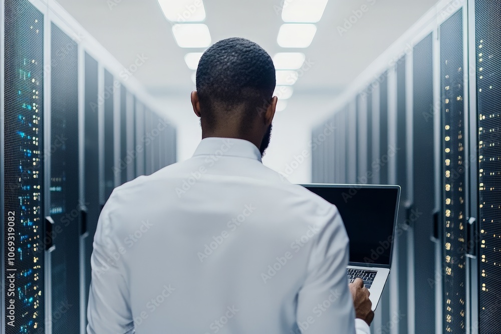 Poster a person in a server room surrounded by tall data servers works on a laptop, embodying the backbone 