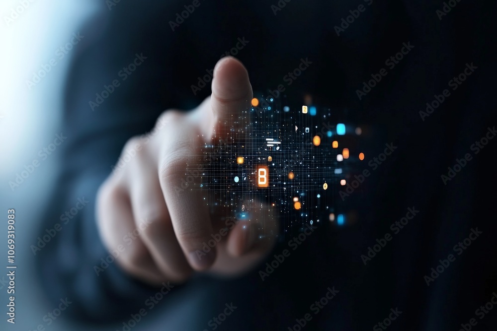 Poster a hand confidently reaches towards a digital, holographic interface filled with dynamic data, repres