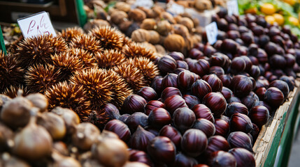 Fototapeta premium A colorful market stall filled with chestnuts and other seasonal produce.