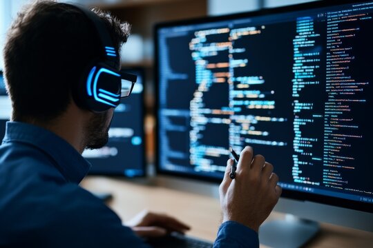 A programmer uses headphones while writing code on a large screen, expertly maneuvering through lines of colorful syntax in a high-tech setup.