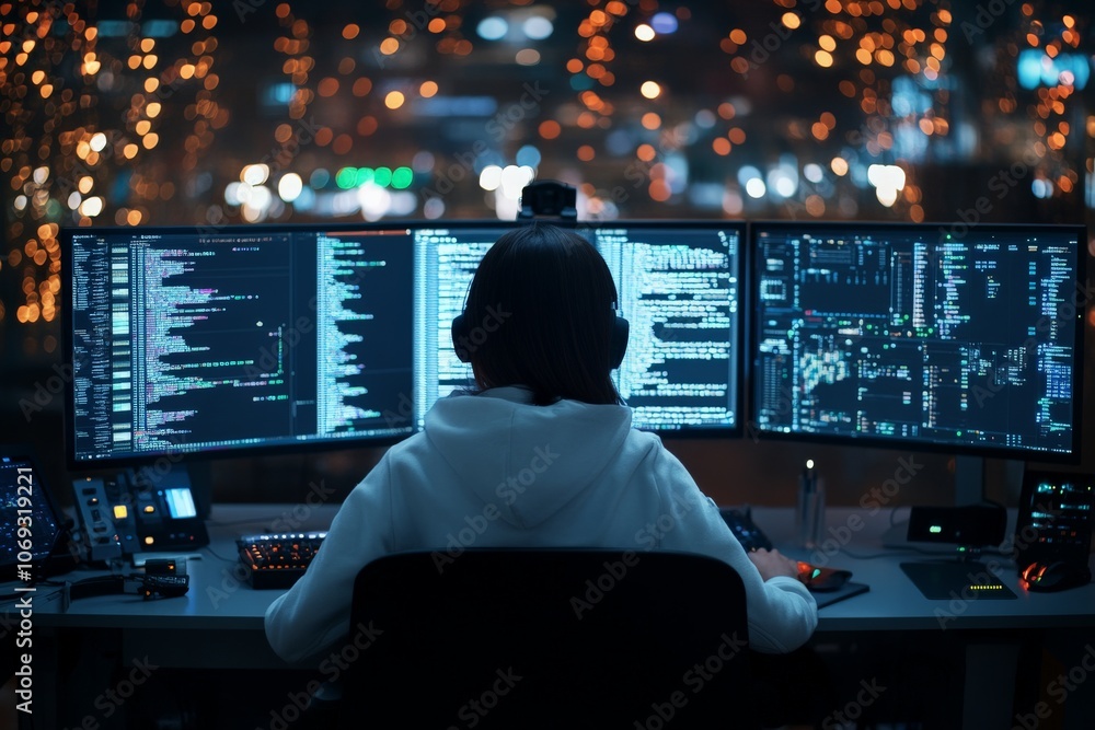 Poster a person is coding on multiple monitors at night, showcasing determination and the limitless possibi