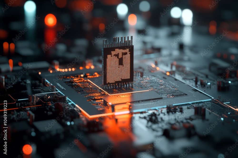 Poster a close-up image of a futuristic microchip surrounded by glowing digital circuitry, symbolizing tech