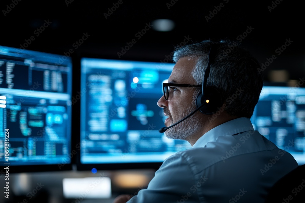 Poster a professional man wears a headset while working with multiple computer screens, representing focuse
