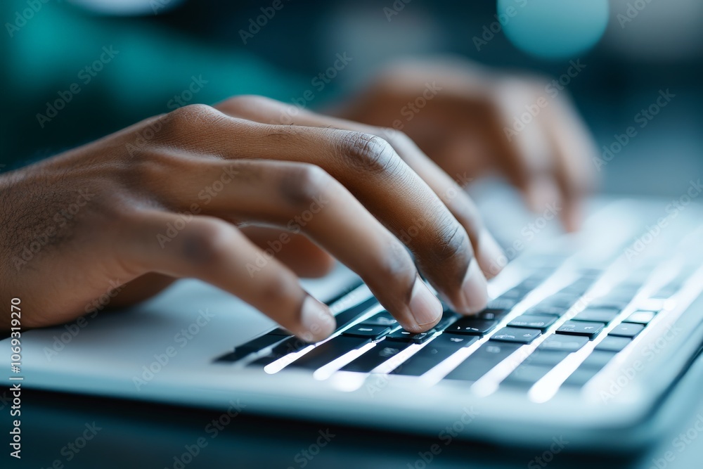 Poster a close-up capture of hands typing quickly on a backlit keyboard, emphasizing the speed and precisio