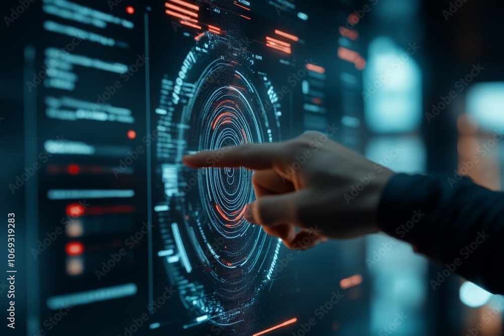 Poster a hand interacts with a detailed, futuristic digital interface on a high-resolution display, showcas