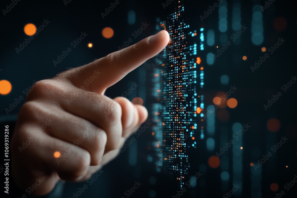 Poster a finger touches an illuminated digital panel showcasing glowing abstract data in a dynamic arrangem
