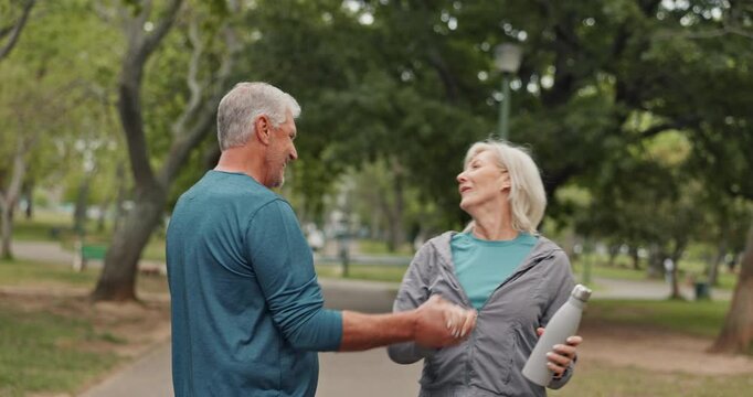 Nature, fitness and mature couple with high five for race, marathon or challenge time training. Happy, outdoor and senior man and woman with celebration of running workout or exercise in park.