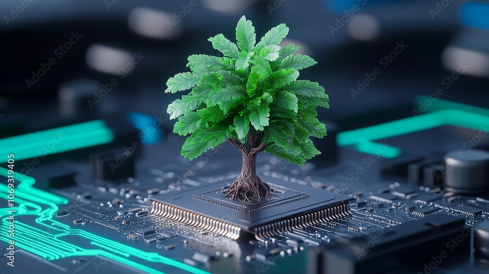 Poster eco-friendly green tree on a futuristic high-tech background of microchips and computer circuit boar