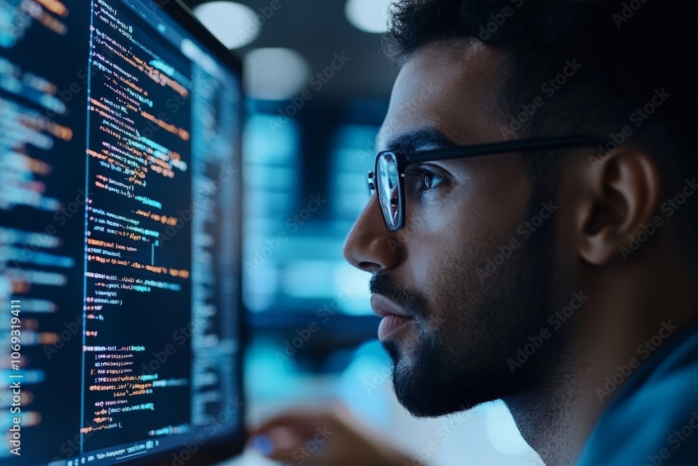Poster a young, focused programmer is deeply engaged in writing code on dual monitors within a modern offic