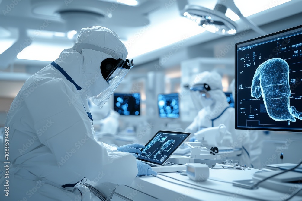 Poster a team of scientists in protective gear conducting advanced research in a high-tech laboratory, repr
