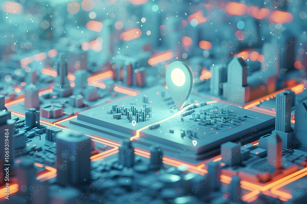 Poster futuristic cityscape with digital mapping and location pins