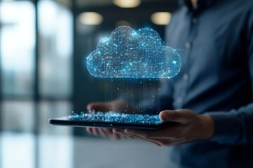 A shimmering digital cloud hovers above a tablet in a professional setting, symbolizing cloud computing and data storage in modern technology environments.