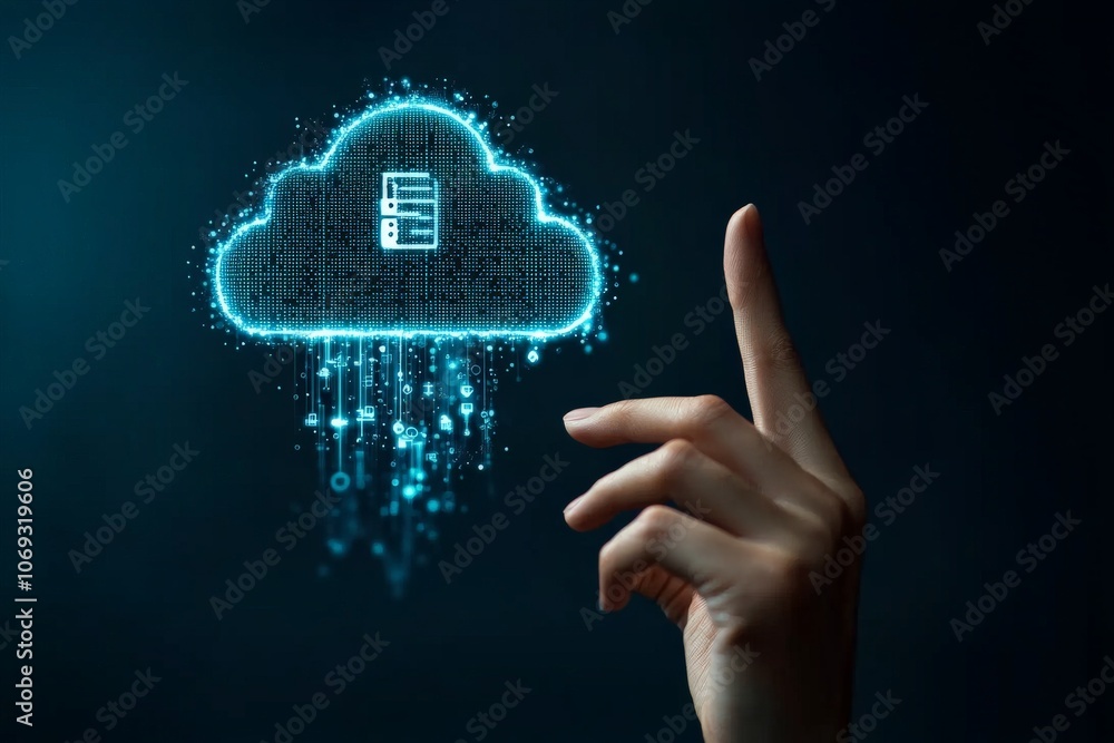 Poster a digital cloud symbol with binary codes and a data storage icon, indicating modern cloud technology