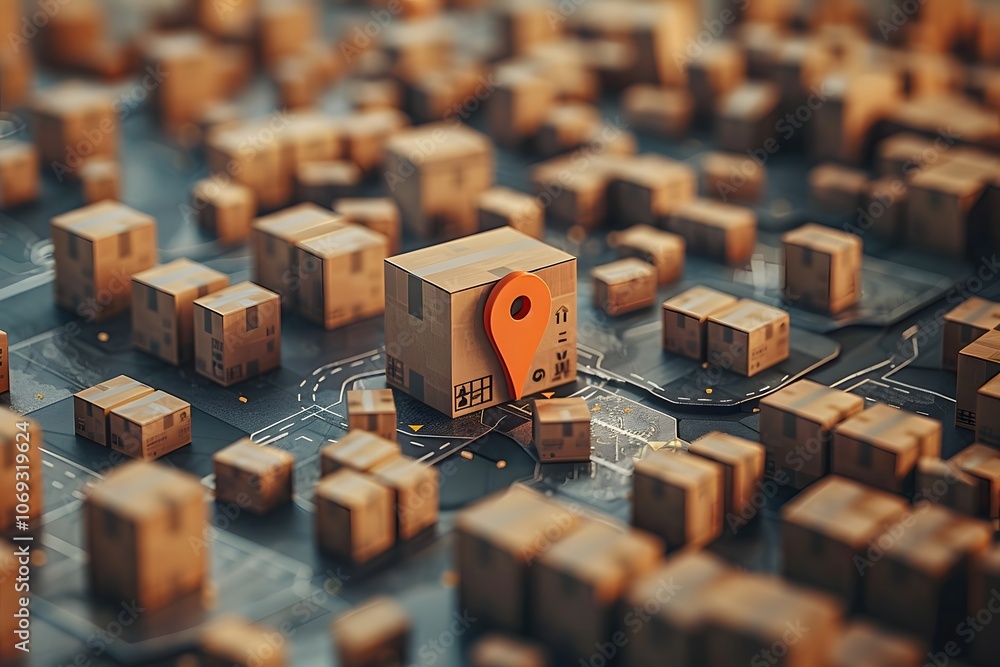 Aufkleber aerial view of a logistics hub with numerous cardboard boxes and a highlighted package