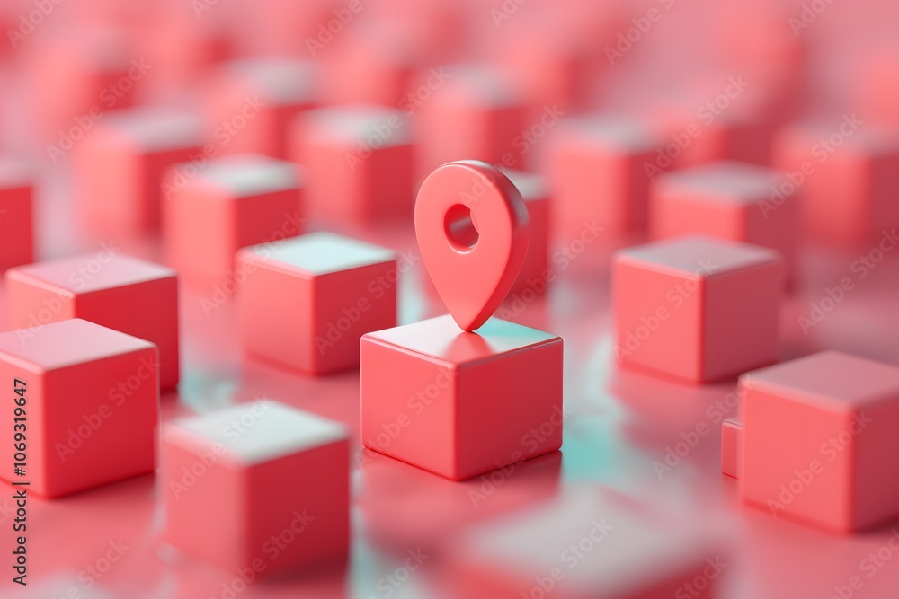 Poster vibrant 3d map pin on pink cubes representing location and navigation concepts