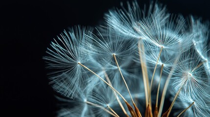 Delicate dandelion seeds illuminated against a dark background at sunset