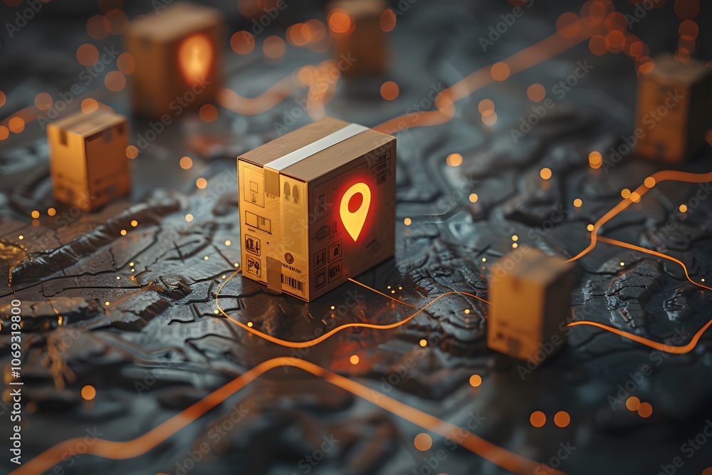Poster 3d visualization of delivery boxes with location markers on a map