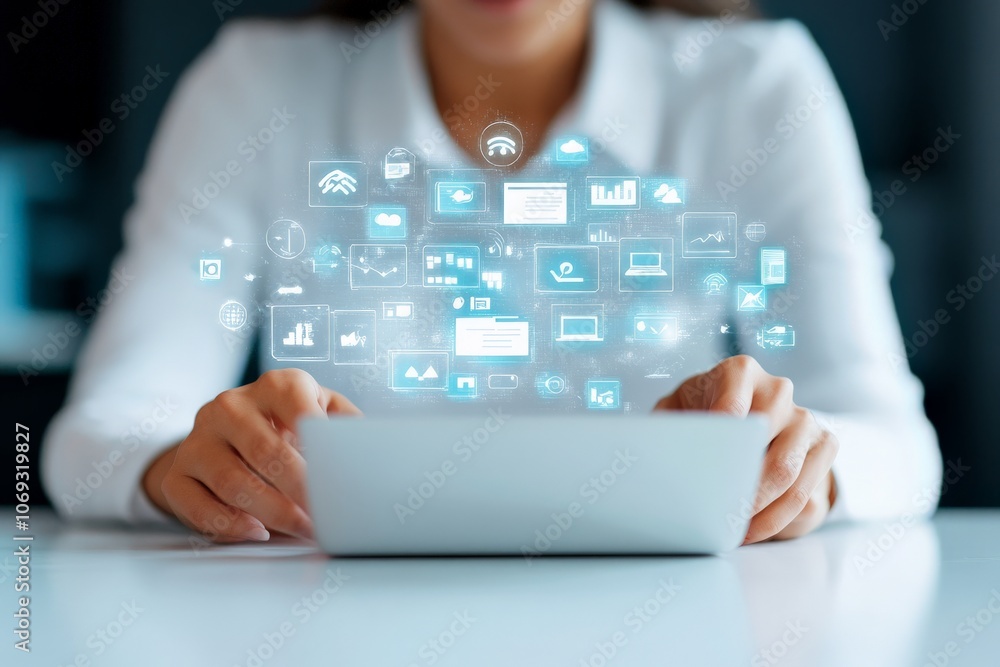 Poster hands holding a tablet with various digital icons hovering above, showcasing the integration of tech