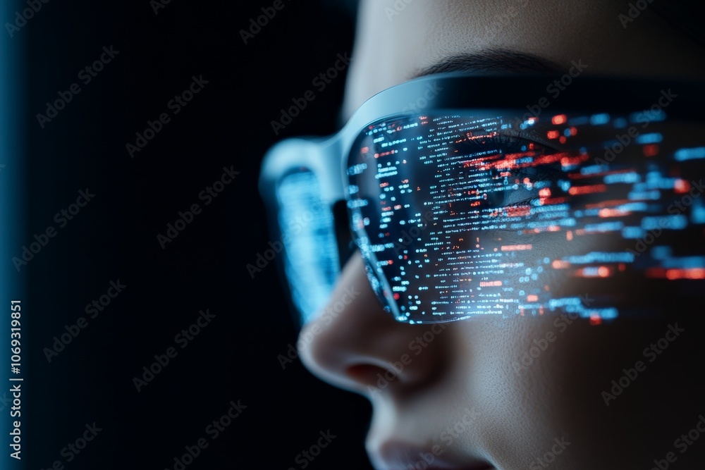 Poster a close-up of futuristic glasses displaying digital data streams, symbolizing the intersection of te