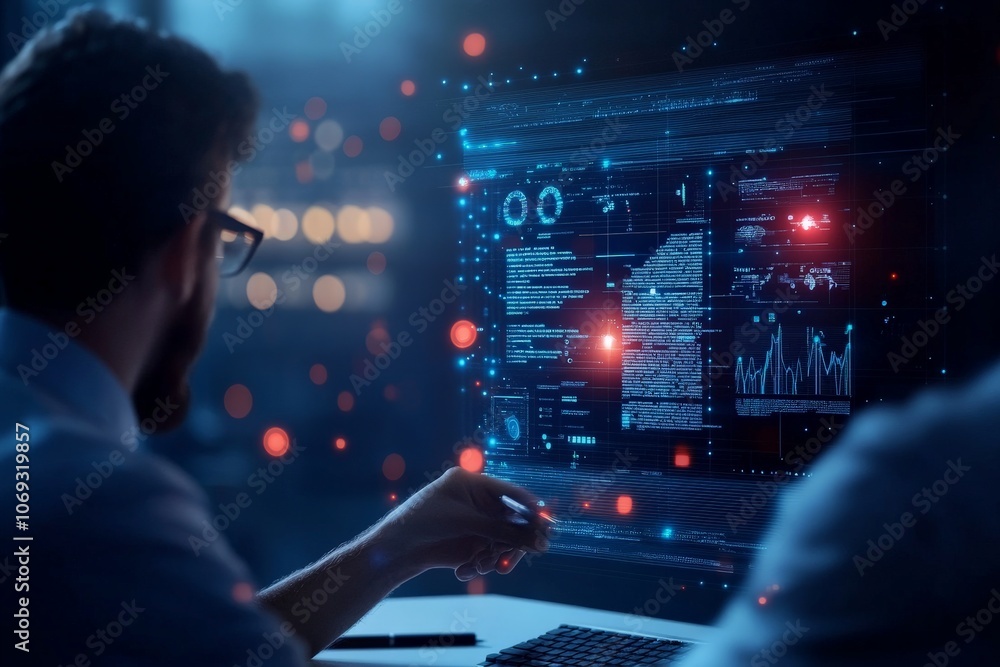 Poster a professional analyzes complex data displayed on a futuristic screen, focusing on digital graphs an