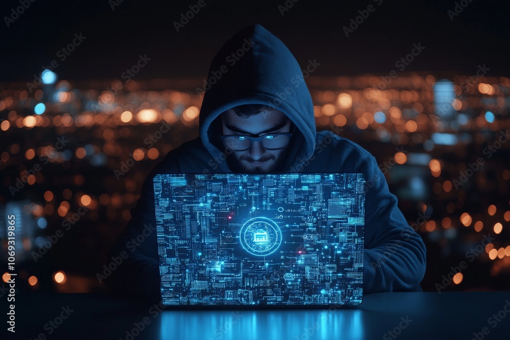 Aufkleber a hacker in a hooded sweatshirt uses a high-tech laptop with digital display overlays in a dimly lit