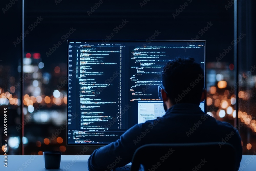 Poster a software developer intensely works on code across dual monitors late at night, surrounded by a cit