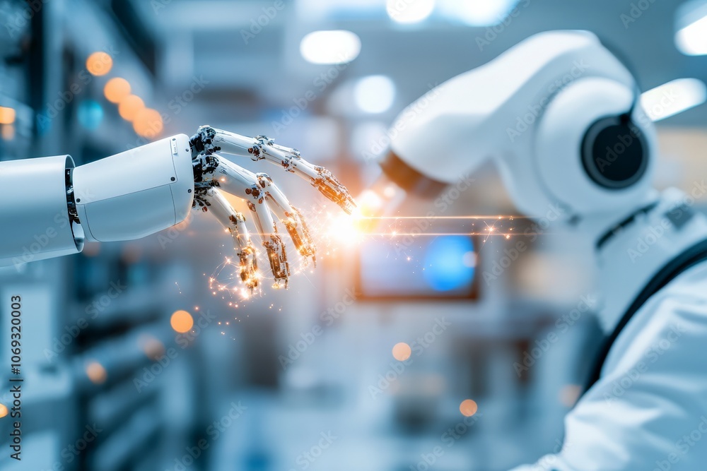 Poster a close-up image of a robotic hand reaching out to touch a human hand, signifying the blend of human