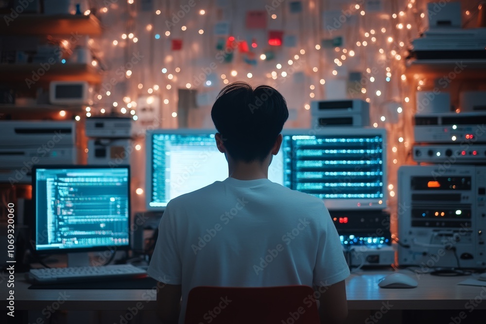 Poster a lone programmer sits in a dimly lit room surrounded by multiple monitors, creatively coding and de