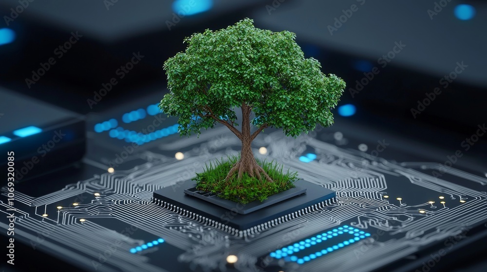 Poster green natural eco-friendly tree and computer technology on an abstract futuristic background of micr