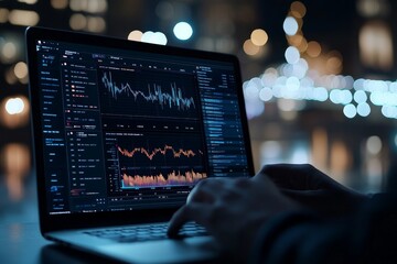 A graph displaying financial data on a laptop amidst a cityscape, representing the convergence of technology and finance in modern urban business environments.