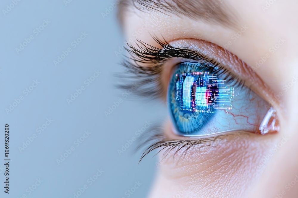 Poster inventive ai eye with a digital interface displaying the intersection of biotechnology and the stock