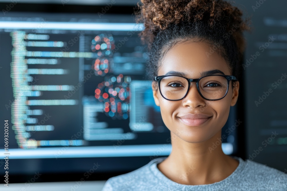 Poster a cheerful woman with glasses smiles in front of a computer screen displaying colorful lines of code