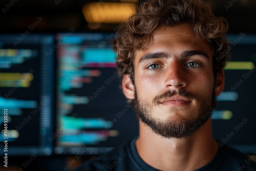Poster a young bearded man stands confidently before monitors filled with vibrant code, symbolizing tech ex