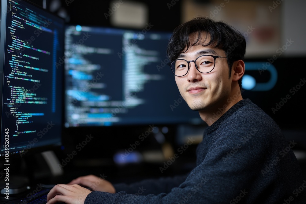 Poster a focused individual working at a computer, surrounded by screens displaying lines of code, in a dim