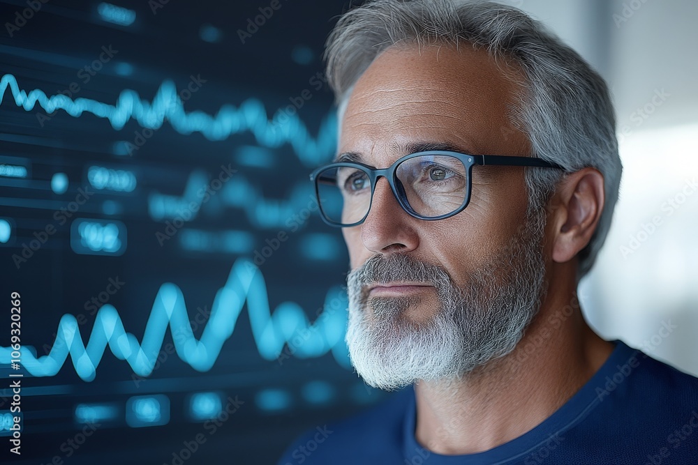 Aufkleber a senior analyst with thoughtful expression, observing data visualizations on a digital display, sym