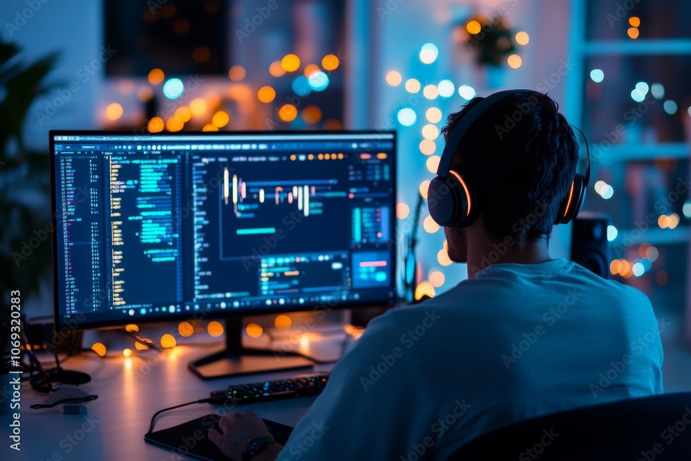Poster the image portrays a tech developer coding intently while wearing headphones in a night desk setup, 