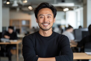Fototapeta premium A confident and smiling individual standing with arms crossed in a bright and collaborative office environment, representing teamwork and success.