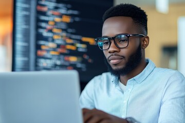 An individual deeply focused on typing at a laptop with code visible on the screen, embodying concentration, diligence, and tech expertise in the workplace.