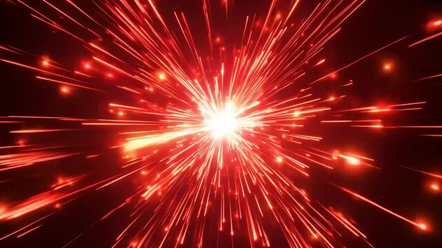 A radiating red starburst. A bright red point of light explosively expanding into a fiery starburst, sending glowing red rays outward. Abstract pattern, texture.