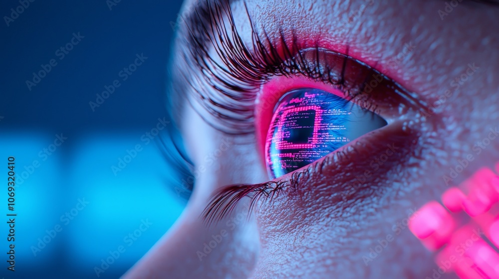 Poster close up view of a female eye with a smart contact lens with biometric and digital implants to scan 