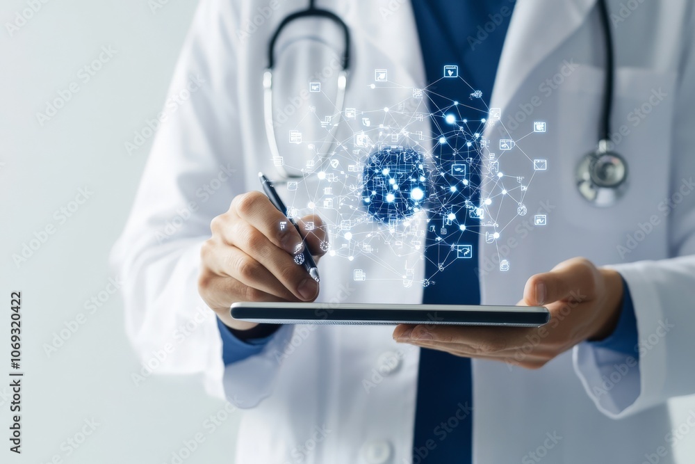 Aufkleber a medical professional in a white coat is examining a digital tablet displaying an ai-generated netw