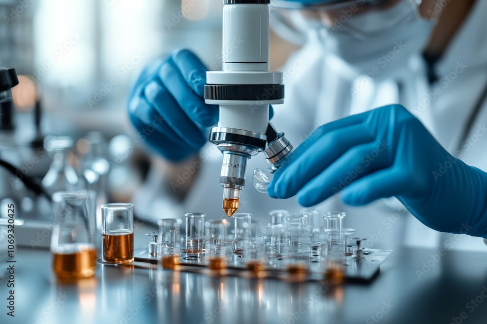 Poster a scientist in protective gear and blue gloves is using a microscope to meticulously analyze samples