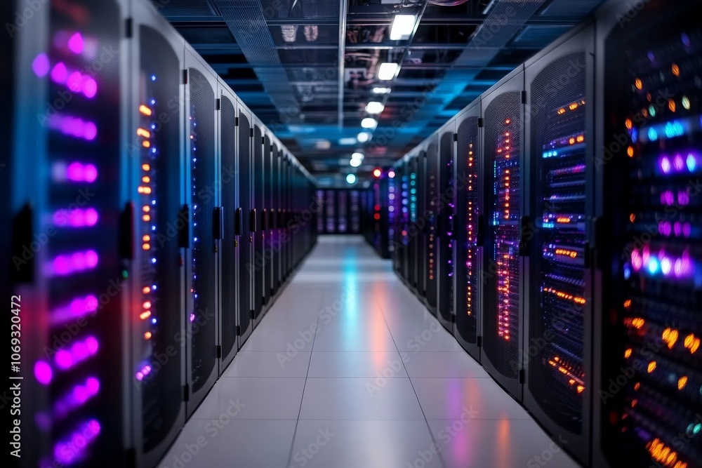 Poster a futuristic server room with modern data storage racks, illuminated by dynamic led lights creating 