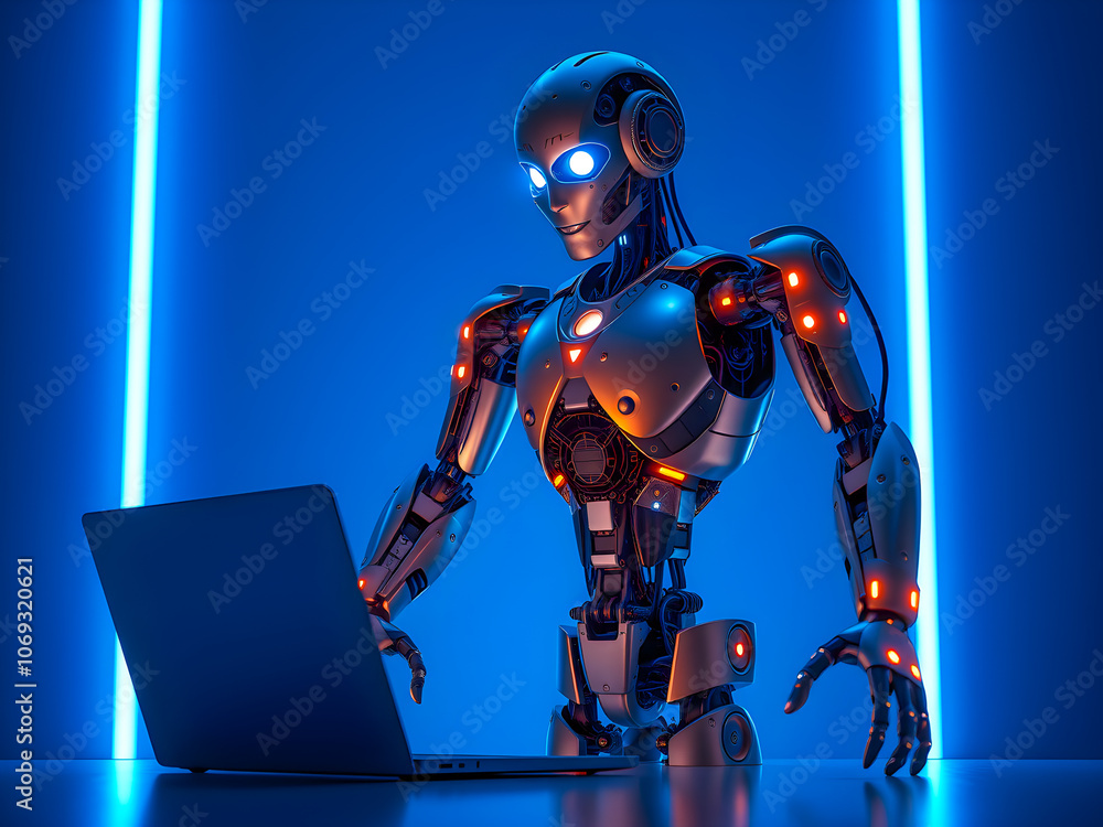 Aufkleber 3d rendering robot working with laptop on blue background with neon light