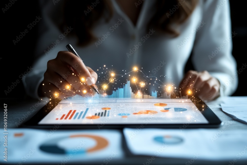 Poster a person interacting with digital analytics using a stylus on a tablet, highlighted by vibrant color