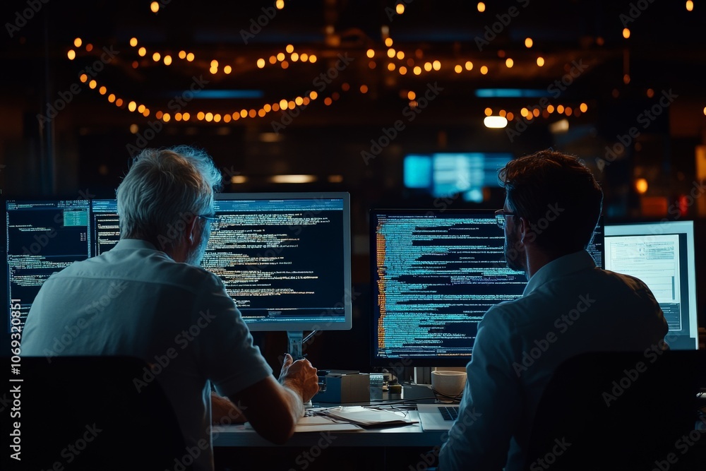 Poster two programmers work collaboratively on dual monitors in a dimly lit office, highlighting teamwork, 